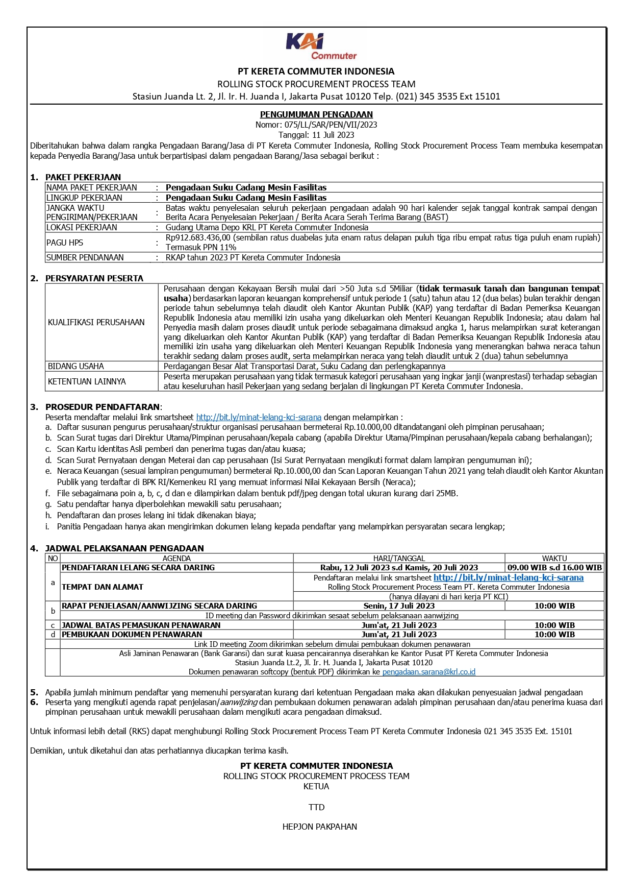 075 pengumuman pengadaan suku cadang fasilitas page 0001